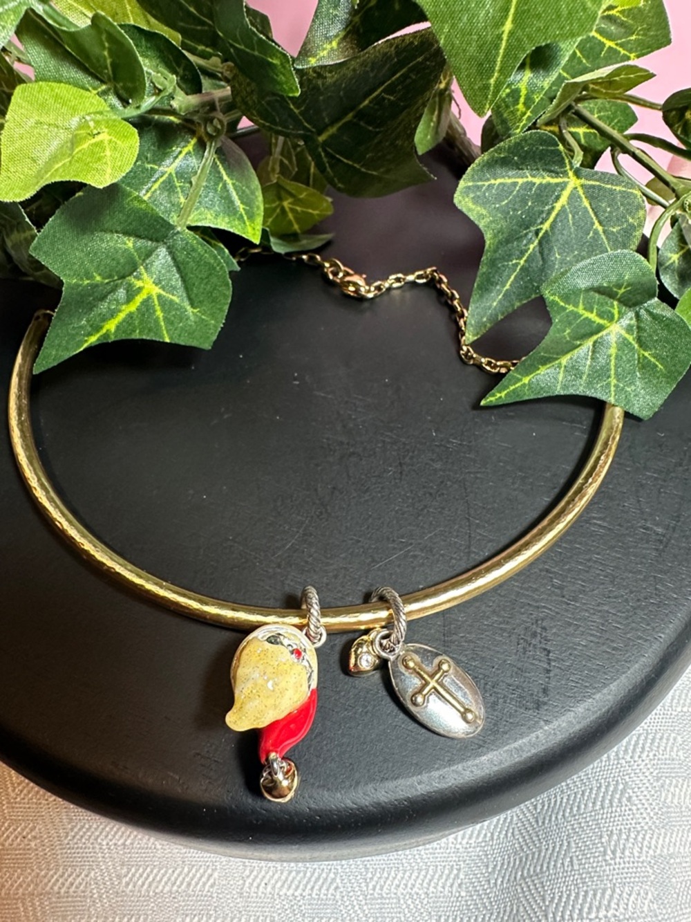 Brighton collectibles gold necklace choker & charms Santa & Faith Cross